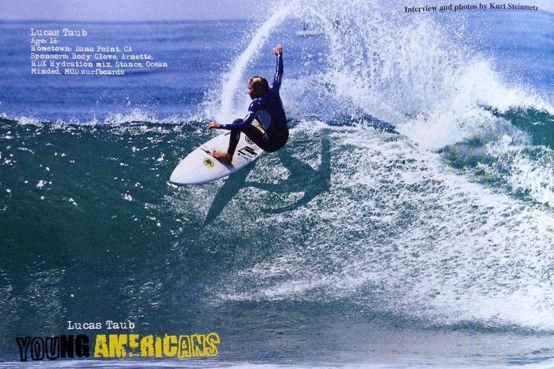 Magazine feature on Lucas Taub at age 16: Young Americans, with a photo of him carving a wave